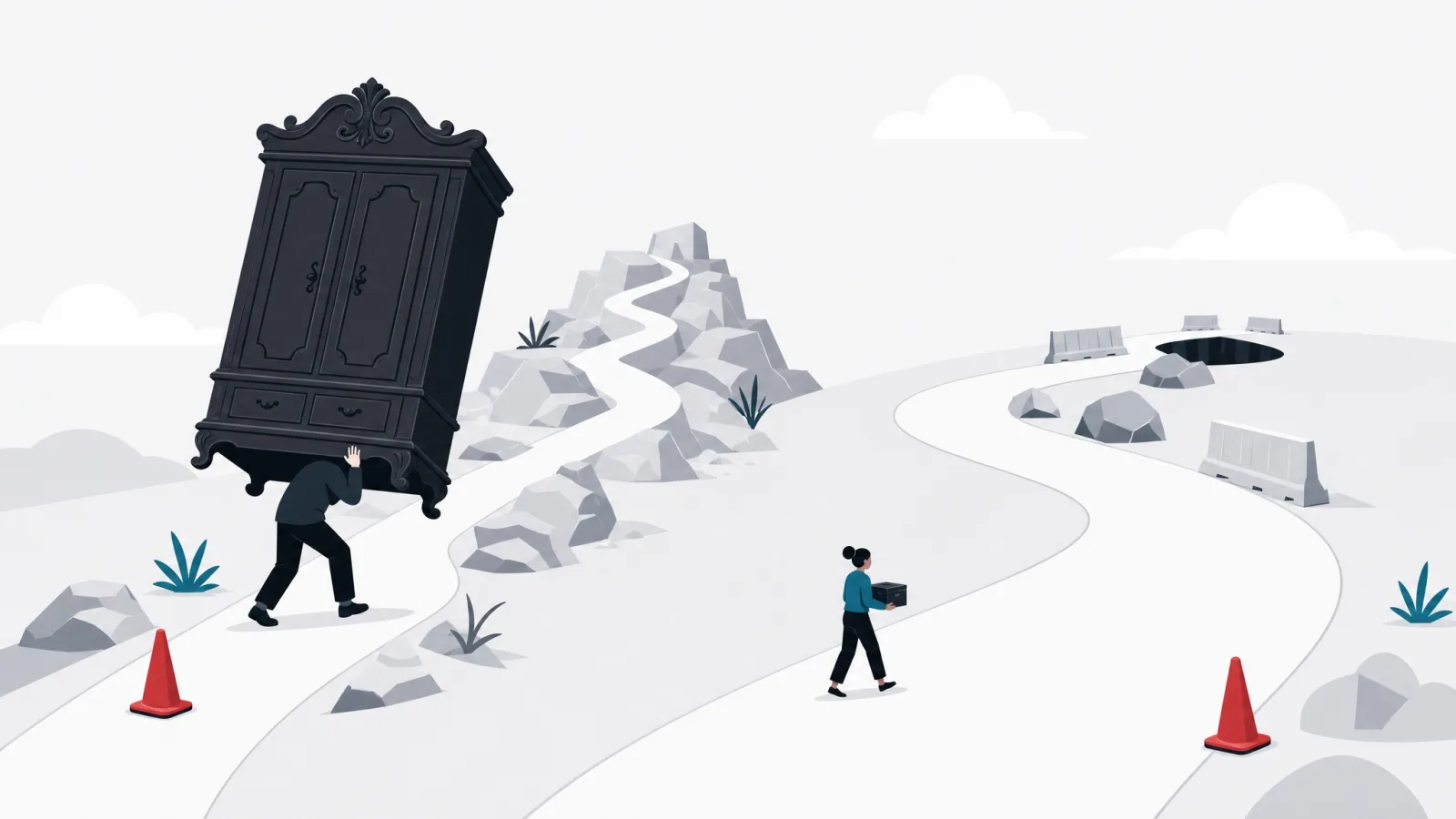 One figure overburdened by an ornate cabinet and another underequipped with a tiny box