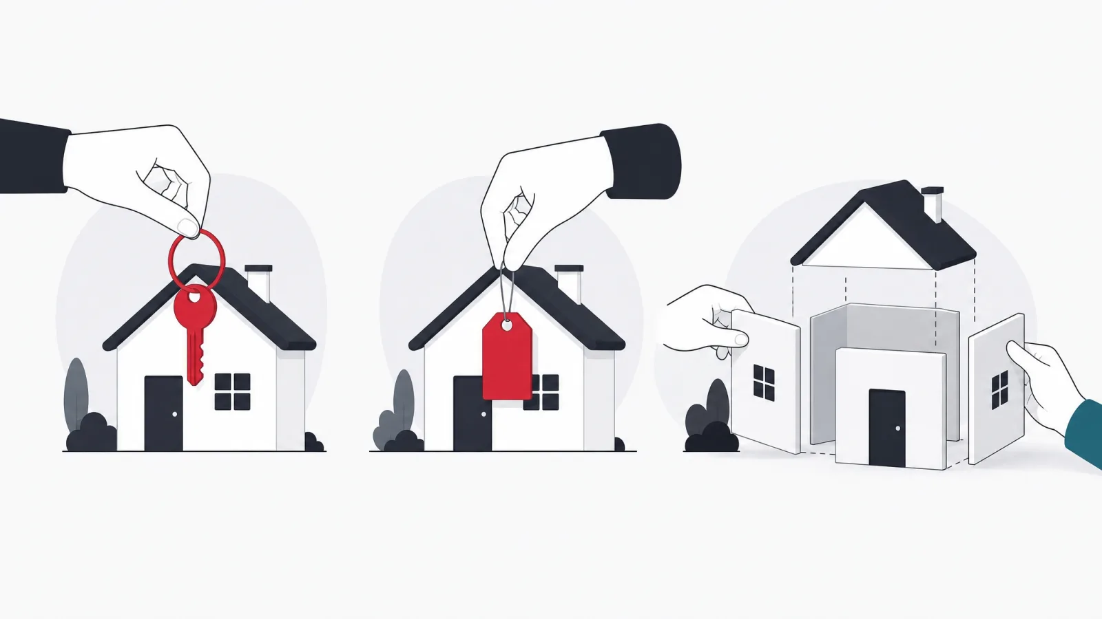 The same house held three ways, by owned keys, by rental tag, and by joint assembly