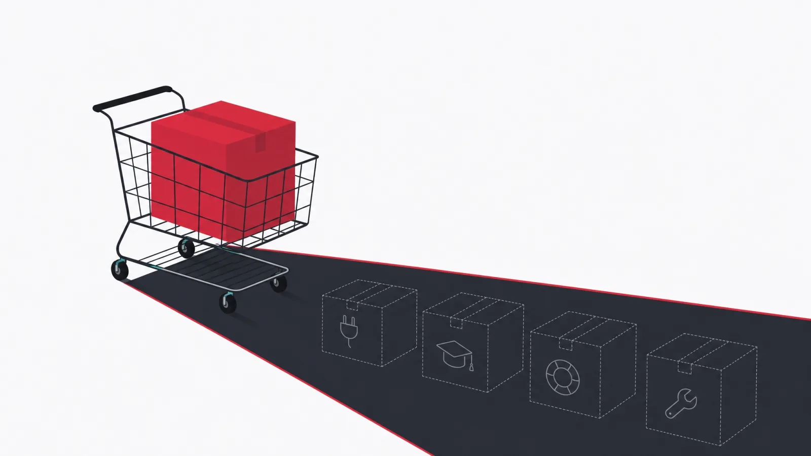 A shopping cart with one visible box casting a long shadow full of hidden additional boxes