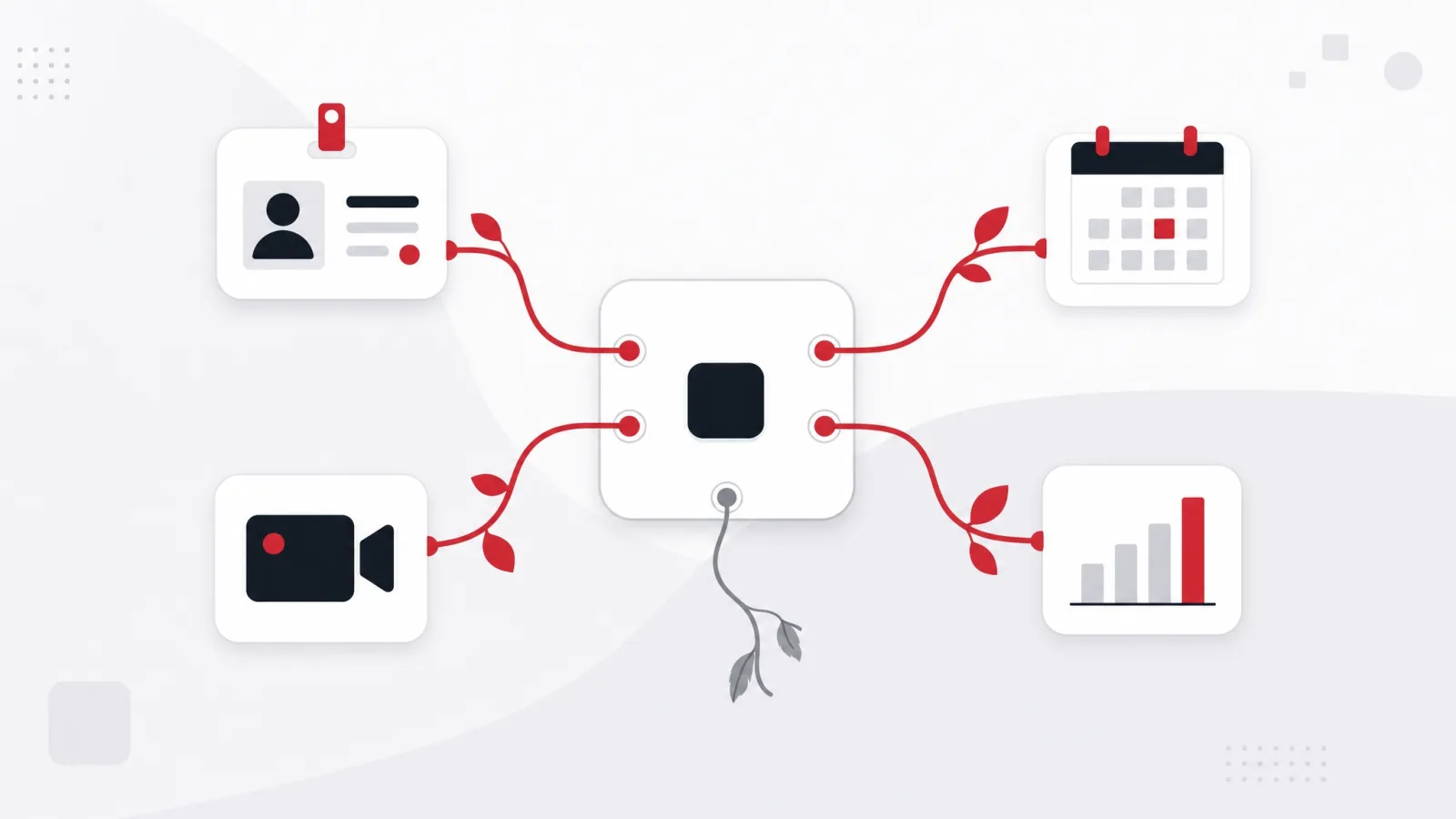 A central system connected to four others by living red vines, one vine withered and disconnected