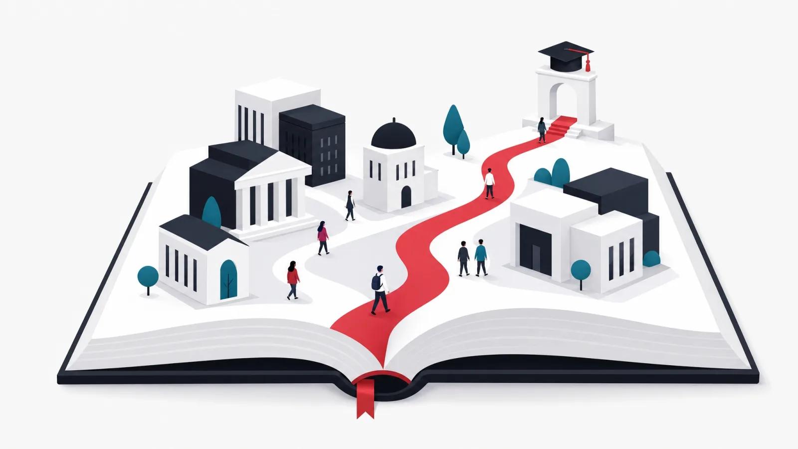 An open book whose pages rise into a miniature campus with learners walking a red path to an arch