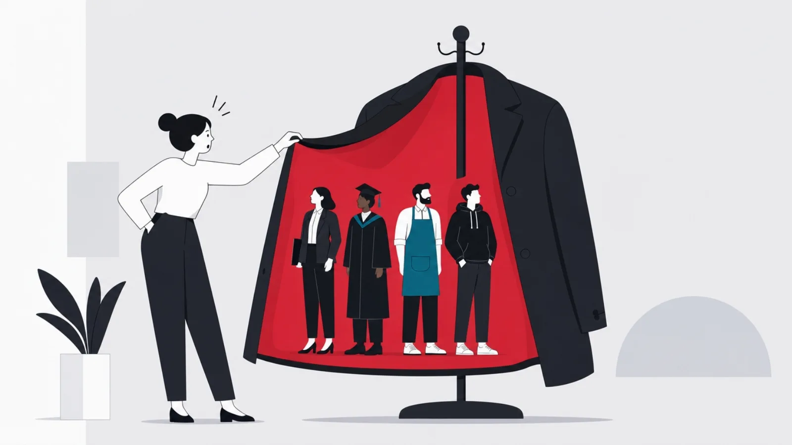 A large coat opened on a stand revealing four differently dressed smaller figures inside