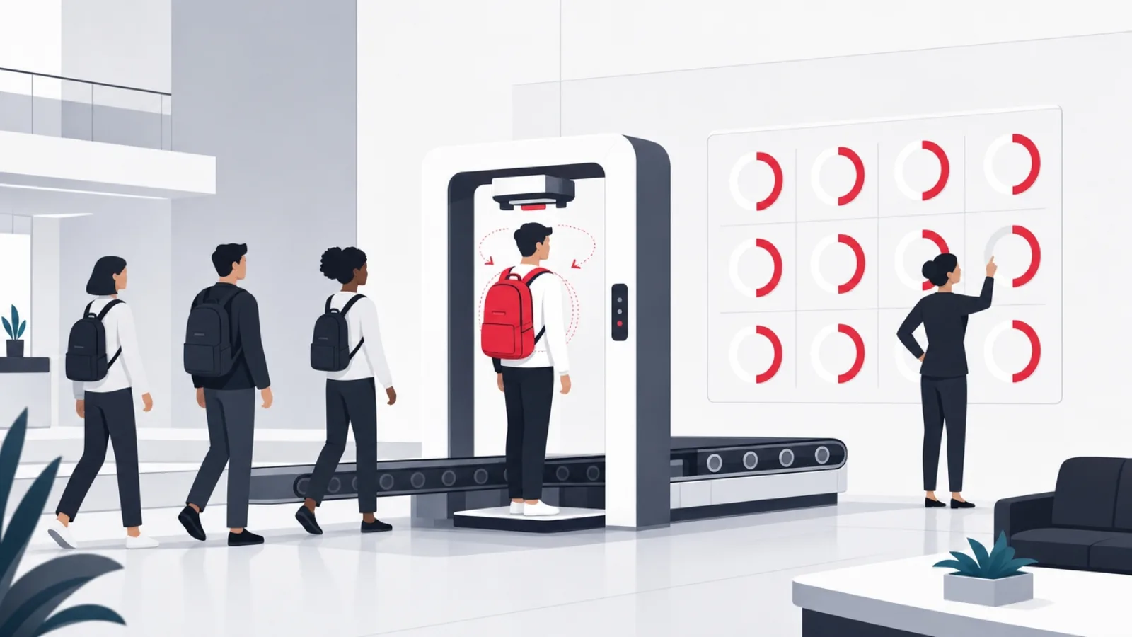 New hires receiving auto-fitted learning backpacks from a dispensing gate as completion rings fill on a wall