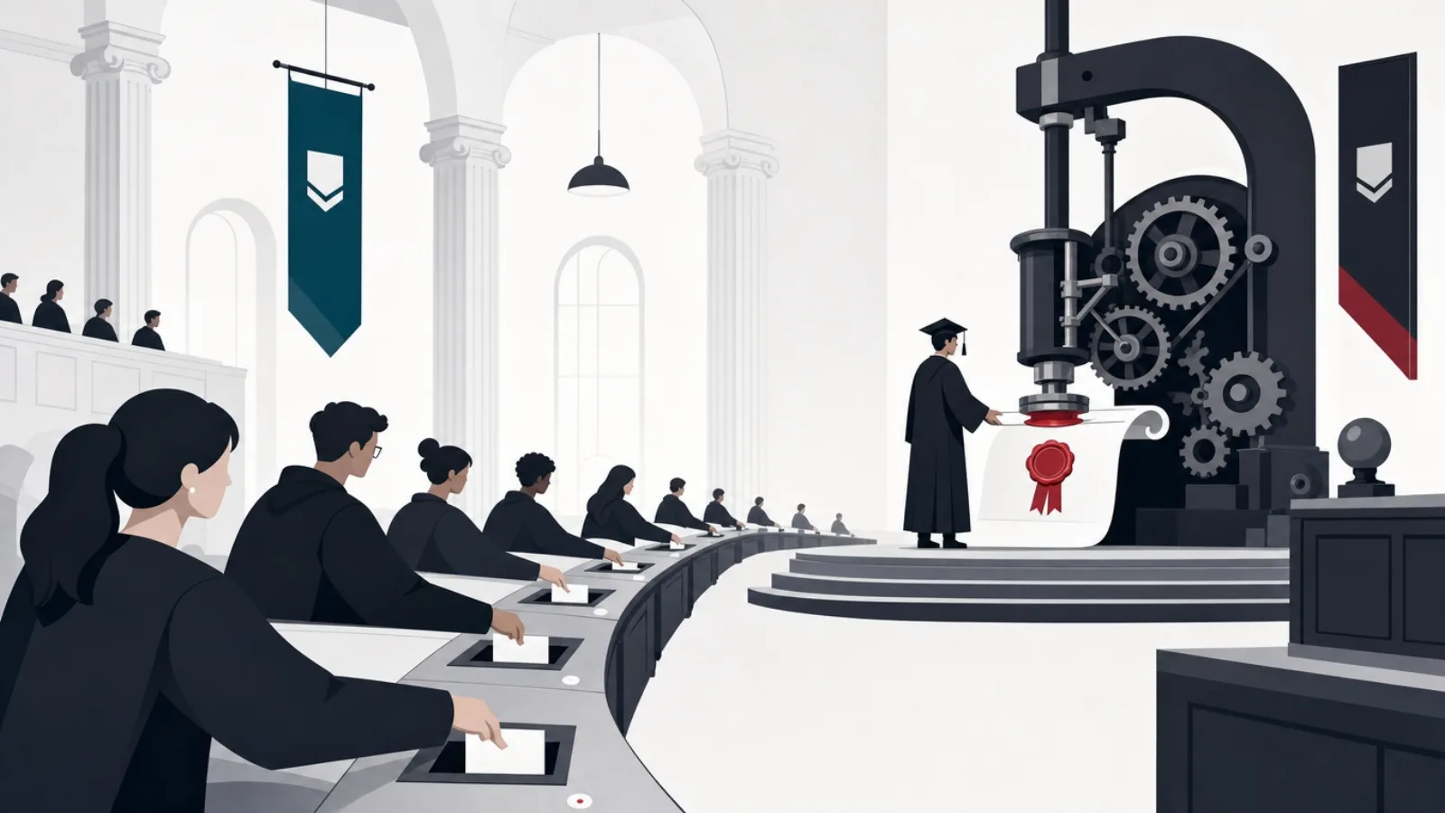 Students passing work along connected desks toward a stage machine pressing a wax seal onto a scroll