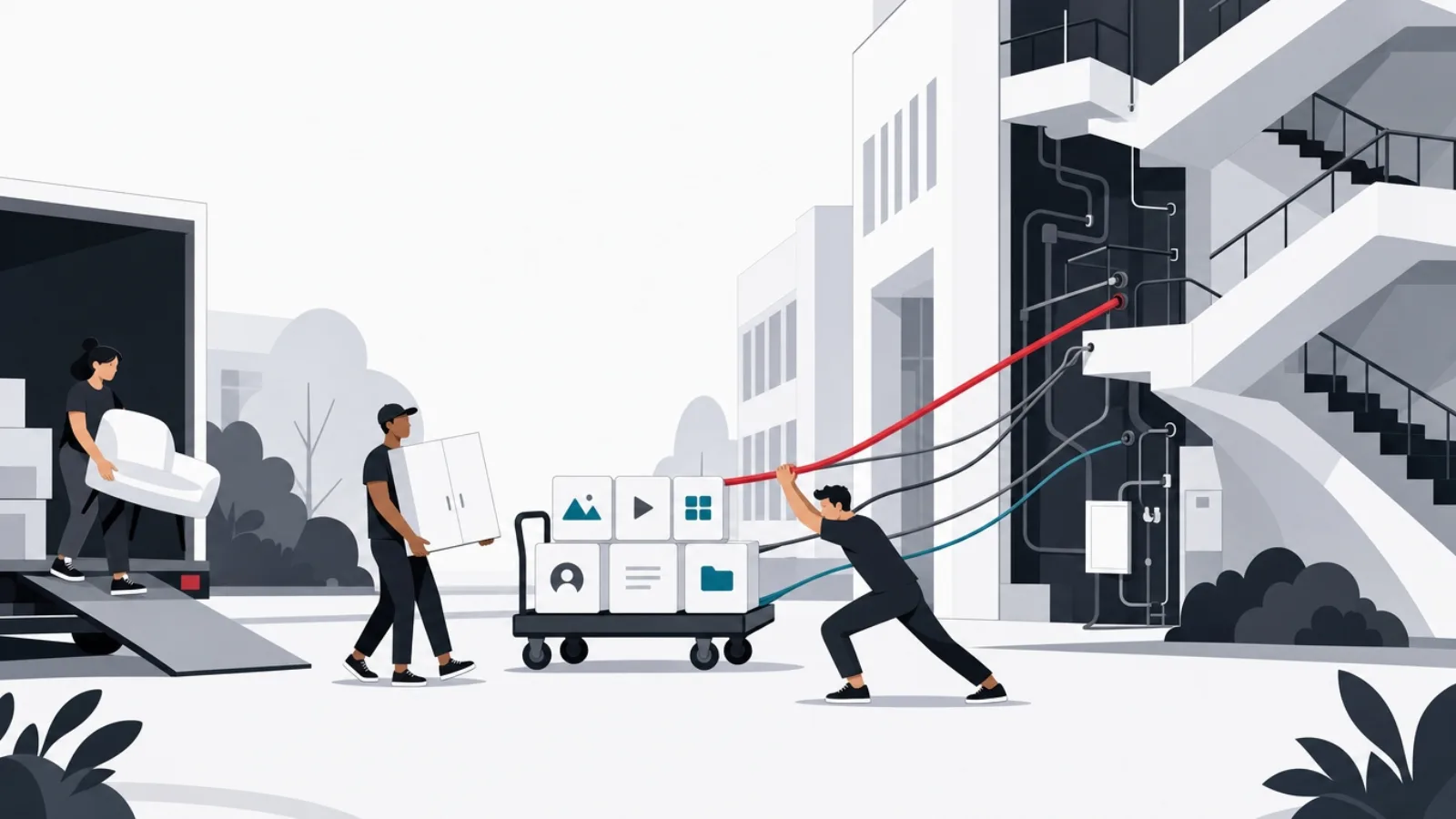 Movers carrying boxes from a building whose wiring and stairs stretch elastically, refusing to detach