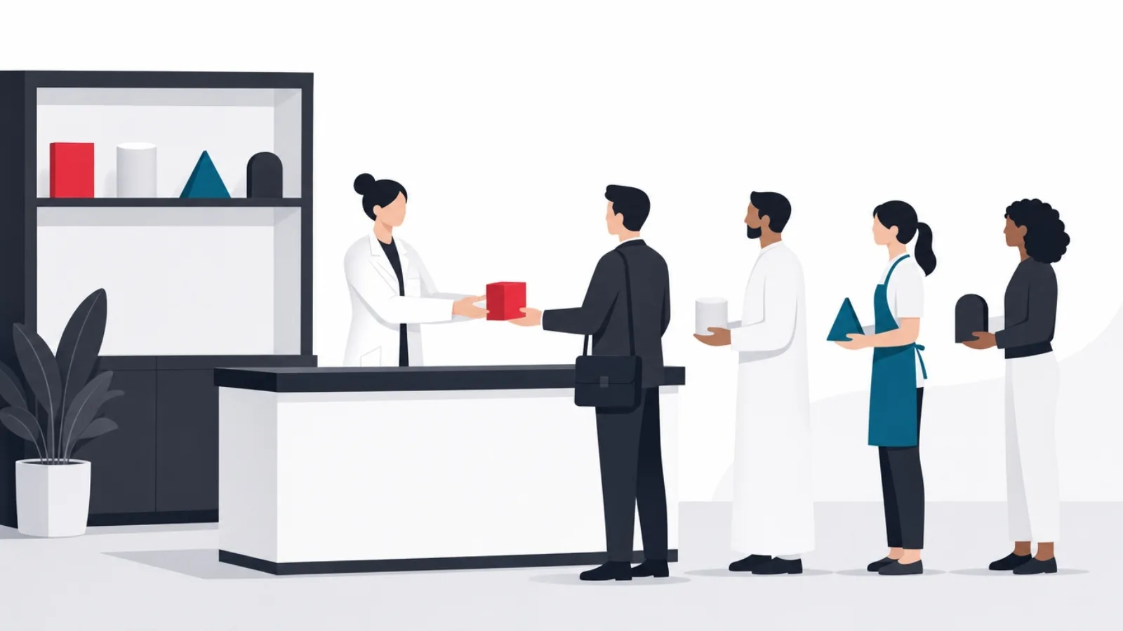 A pharmacist handing four figures remedy boxes whose shapes match each recipient's silhouette