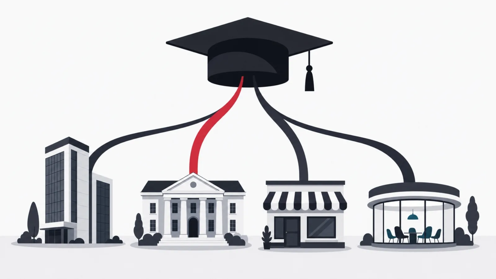 A graduation cap hovering with four ribbons descending to four different campus buildings