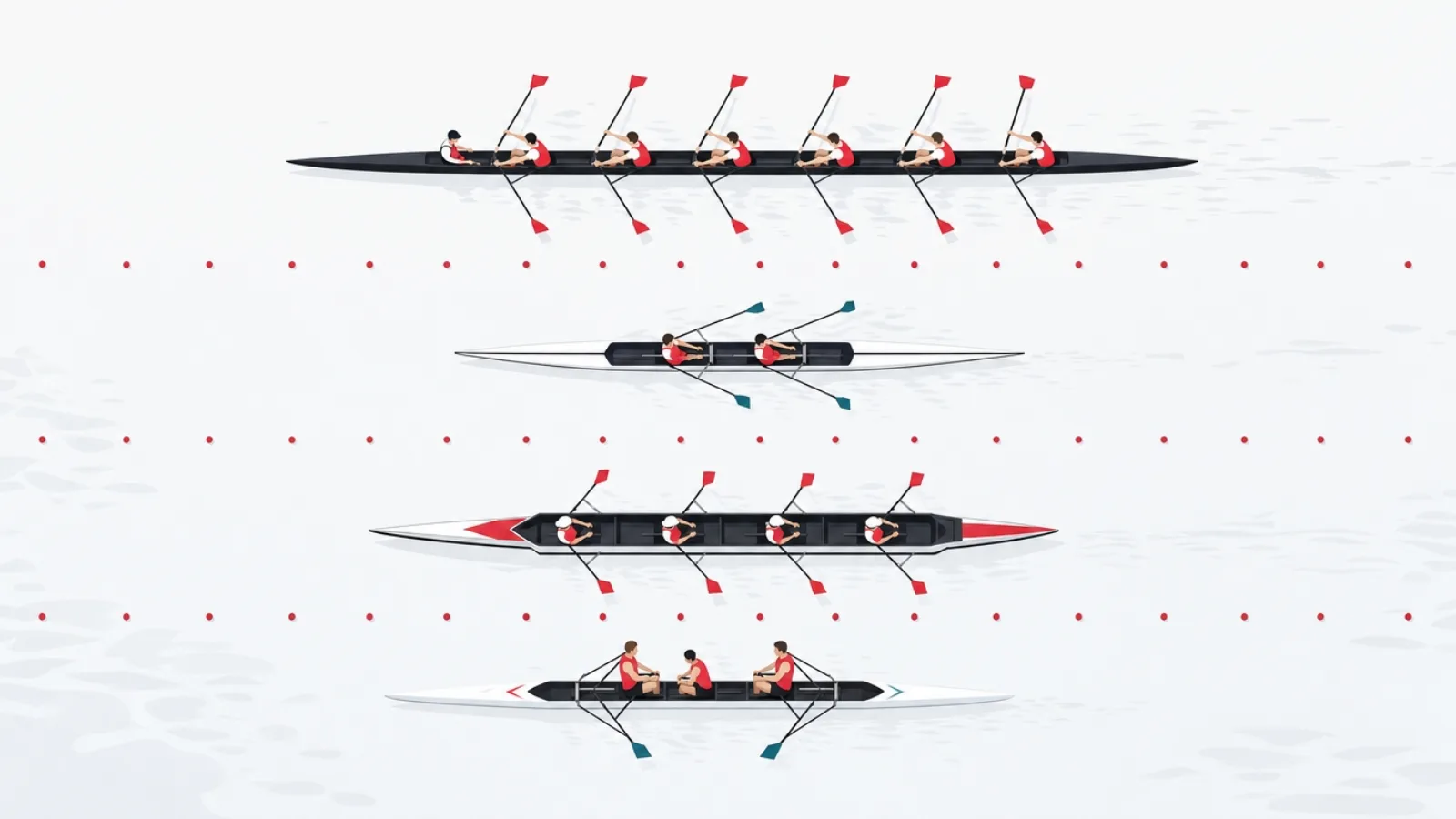Four differently crewed racing shells rowing in parallel lanes past a red buoy line