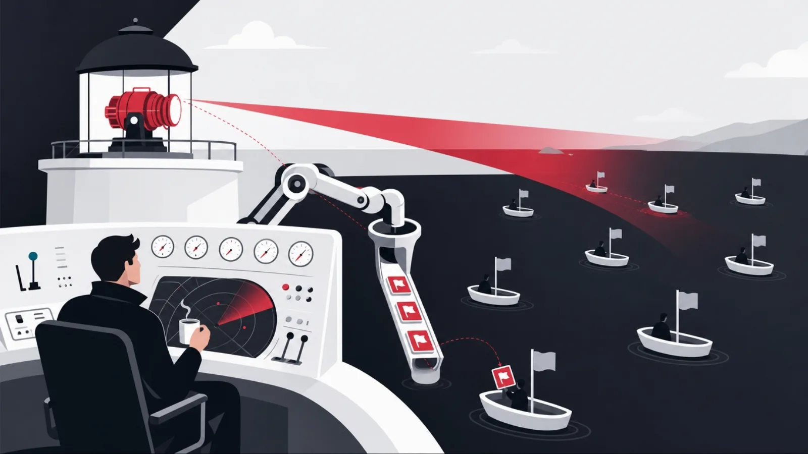 An automated lighthouse finding boats with faded flags and dispatching fresh certification tiles while the keeper drinks tea