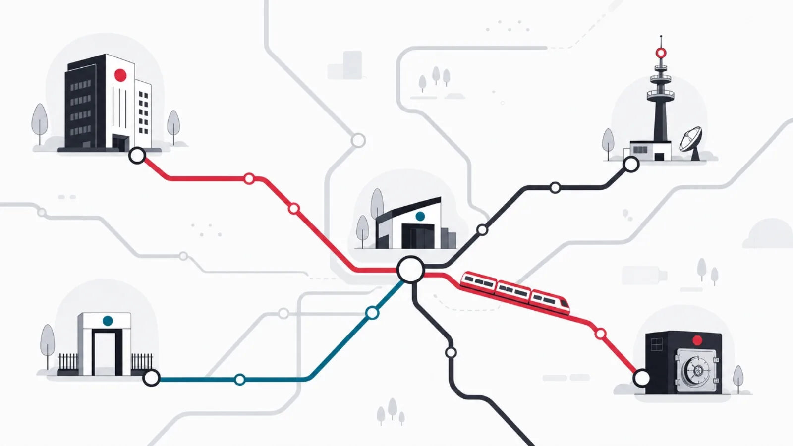 A subway-style systems map where the LMS is a busy interchange station among HR, identity and comms nodes