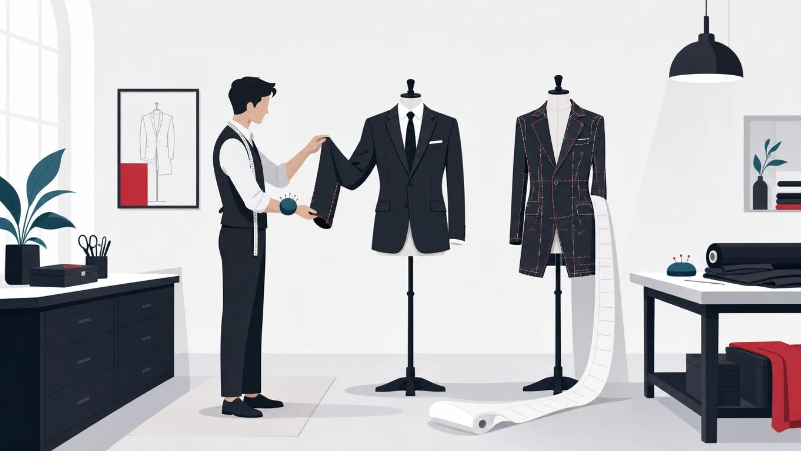 A tailor comparing a nearly fitting ready-made suit against chalk-marked bespoke fabric with a long receipt