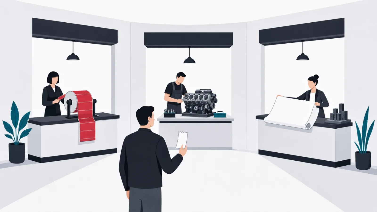 A buyer with one note facing three counters, seat tickets on a roll, an engine awaiting assembly, and an architect's blank blueprint