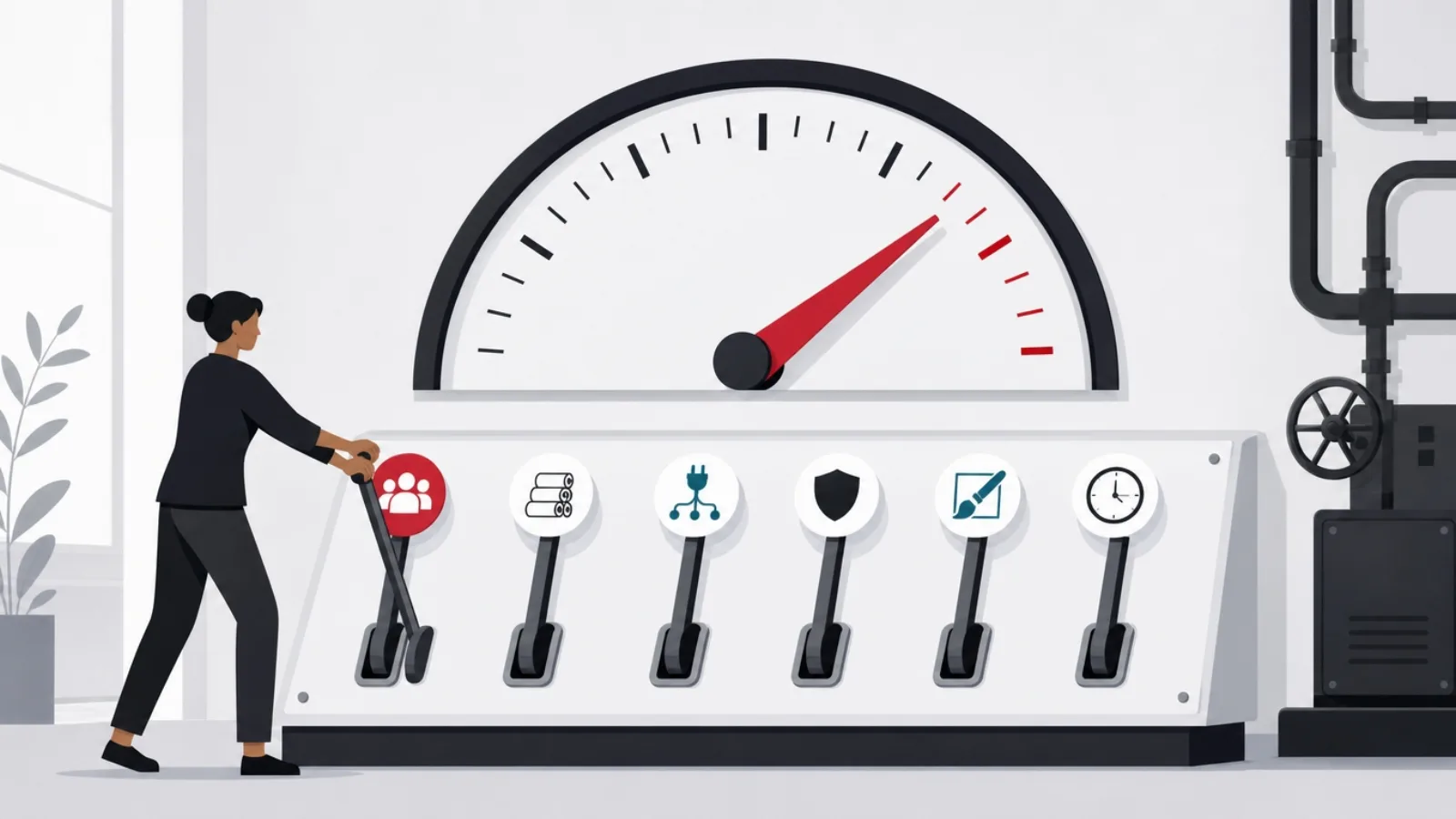 A figure pulling one of six iconed levers on a control panel while a large wall gauge needle swings