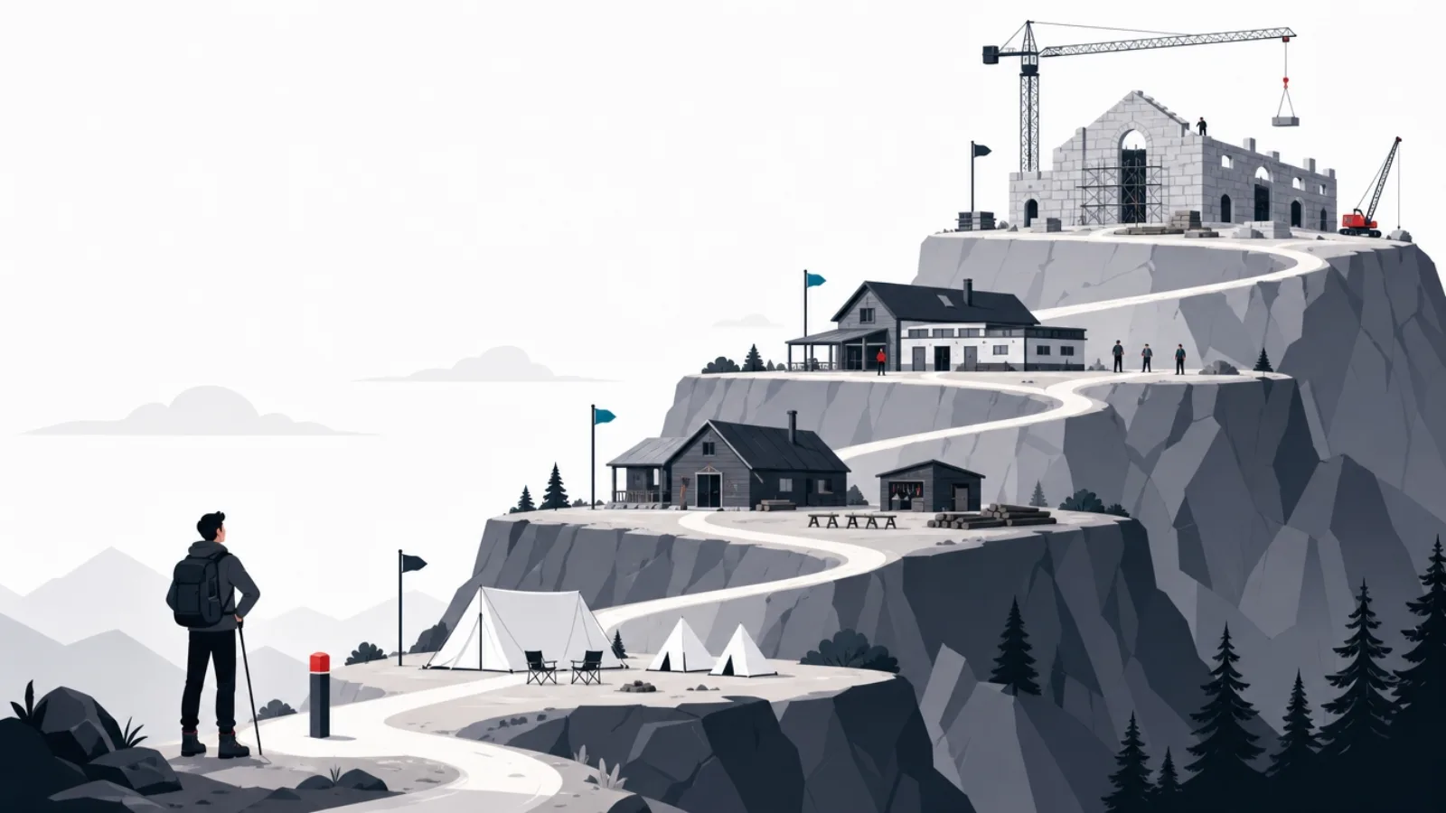 Four hillside terraces from tent camp to custom stone hall under cranes, connected by a winding path a figure studies from below