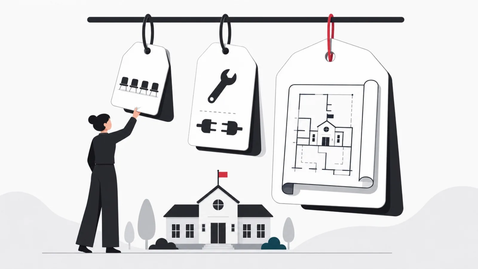 Three different sized price tags above a schoolhouse holding seats, a wrench with plugins, and a blueprint, a figure turning them over