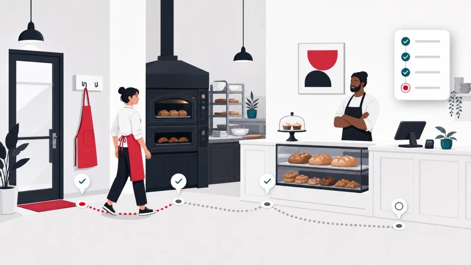 A bakery apprentice following a dotted floor path between stations as a floating checklist ticks itself