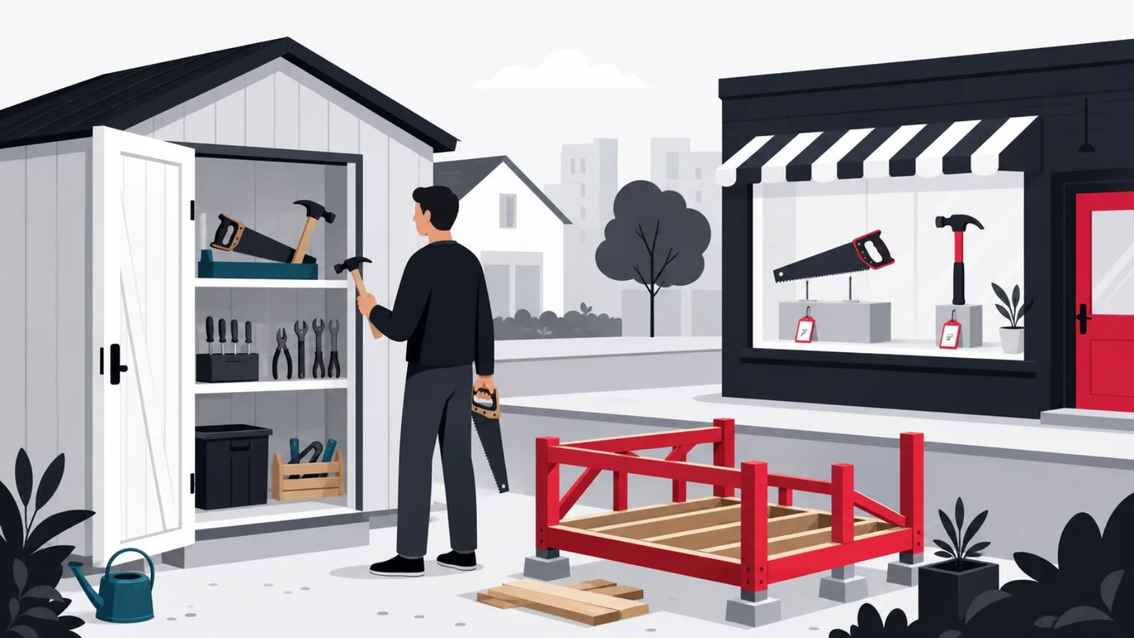 An owner borrowing plain sturdy tools from a free lending shed, premium versions visible in a shop across the street