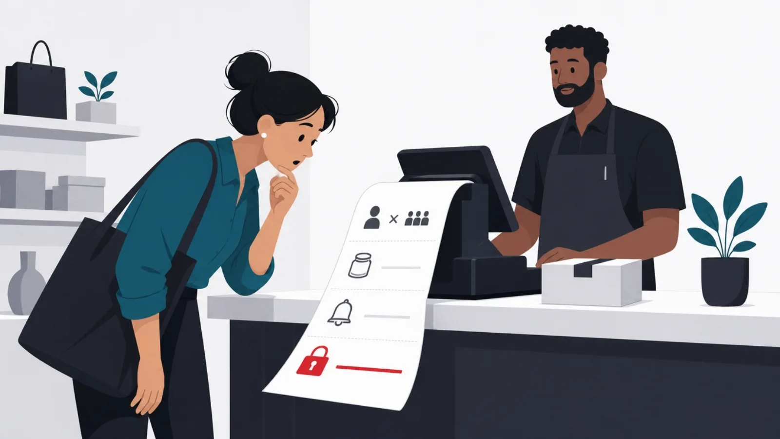 An owner watching a register receipt grow with icon line items while buying a modest box