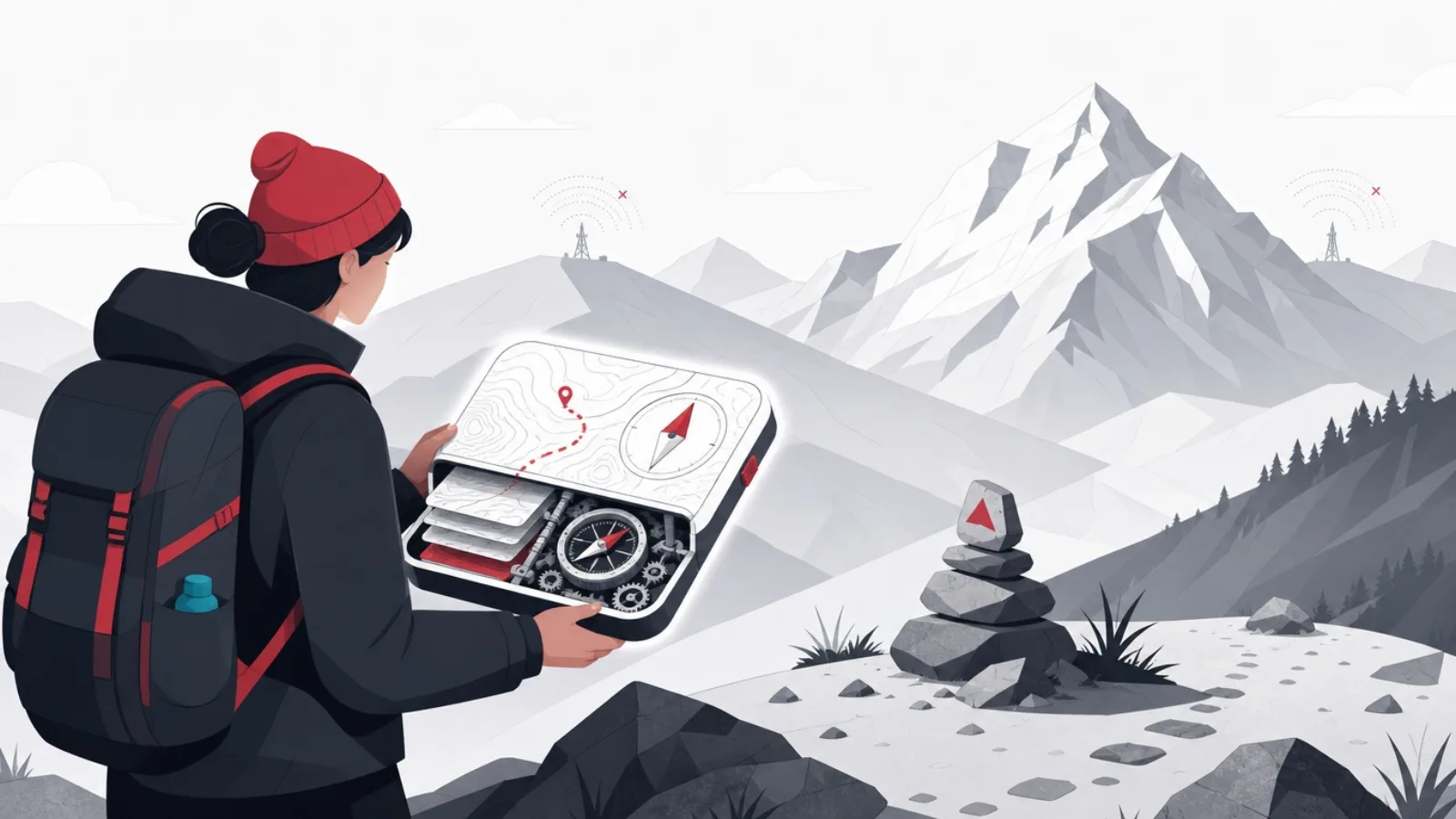 A hiker on a remote trail using a self-contained map tile with internal stored sheets and compass gears, signal towers tiny and distant