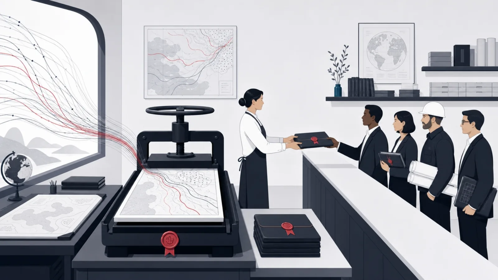 An analyst pressing chaotic movement ribbons into refined atlas folios sold across a counter to business buyers