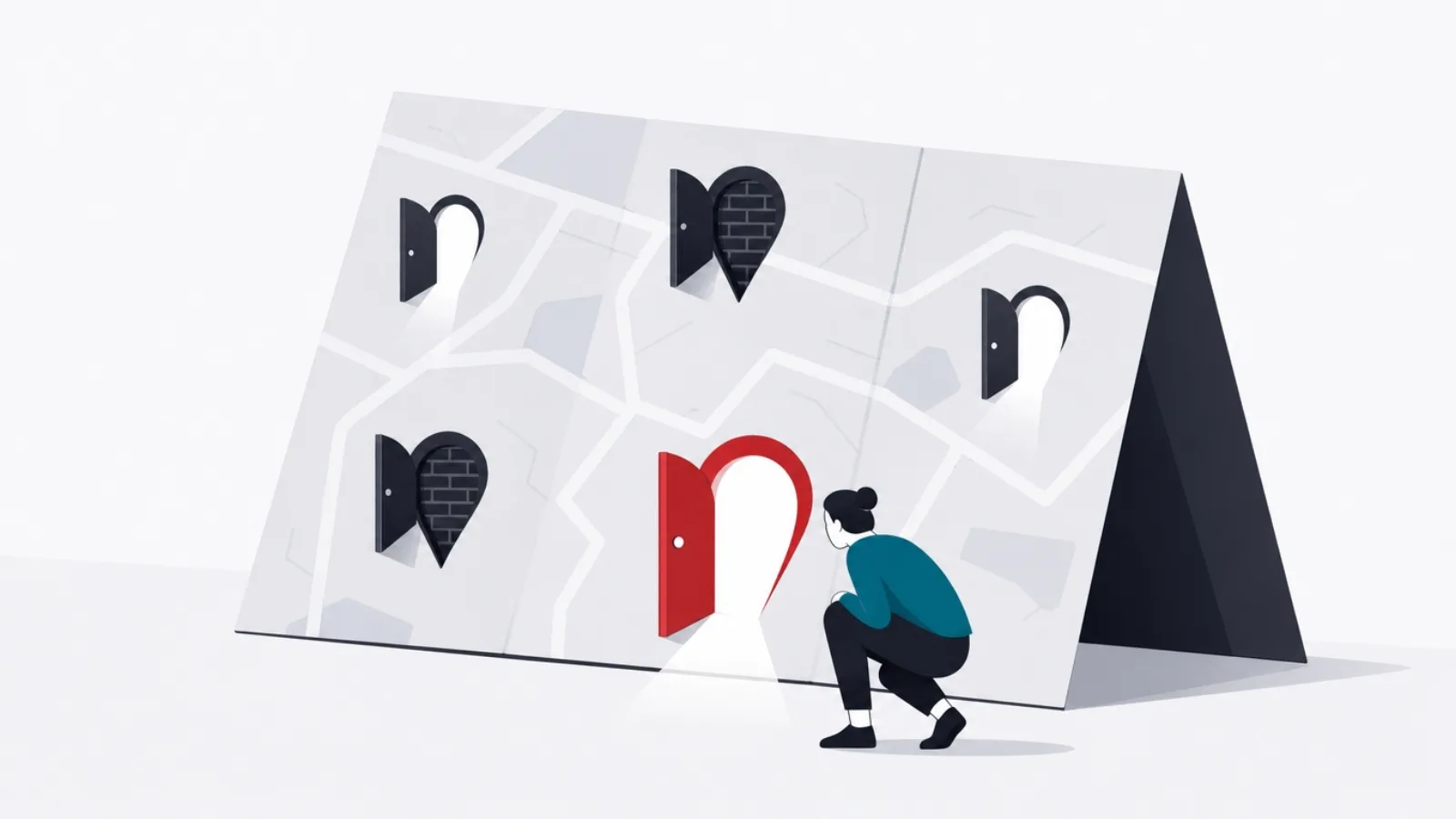 An upright folded map with pin-shaped doors cut into it, some glowing open and some bricked shut, a figure peering into one