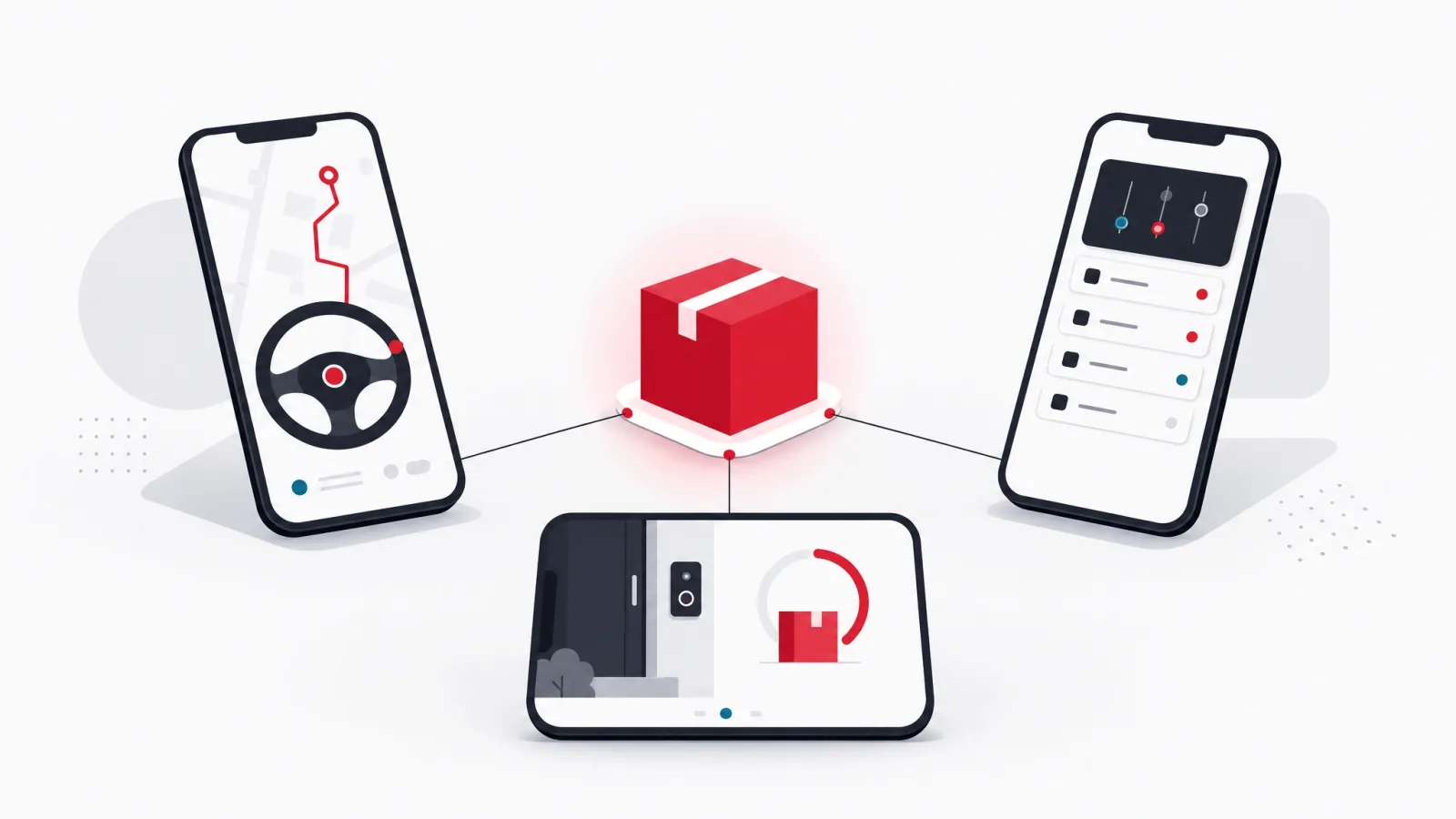 Three inward-facing phones for driver, dispatcher and customer connected to one central glowing parcel