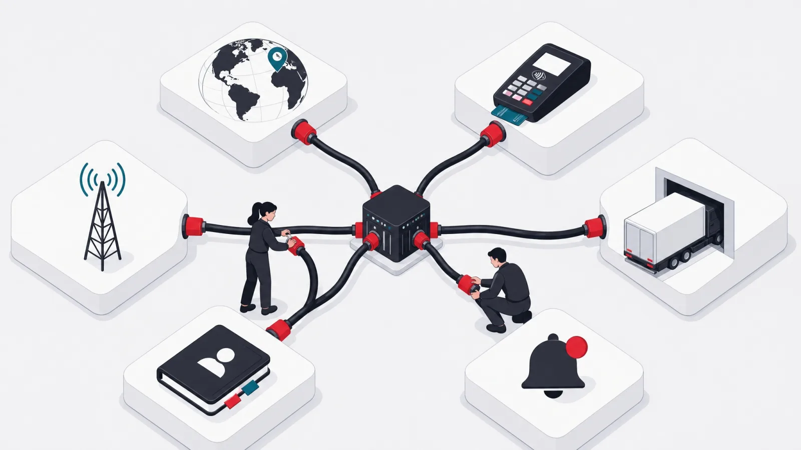 A modest engine room connected by six heavy cables to map, payment, carrier, messaging, address and telematics boxes