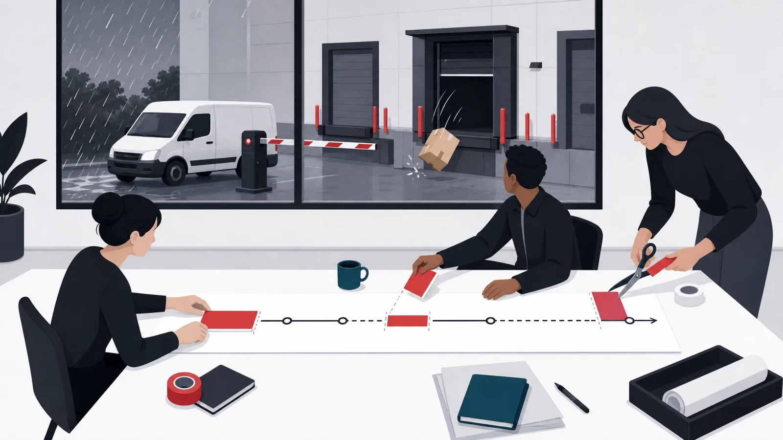 A team splicing buffer segments into a paper timeline while real dock chaos is visible through the window