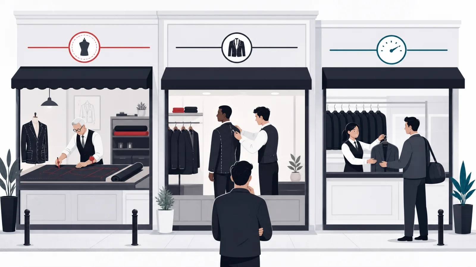 A street with a tailor atelier, an adjusted ready-suit shop and a uniform rental counter before a deciding customer