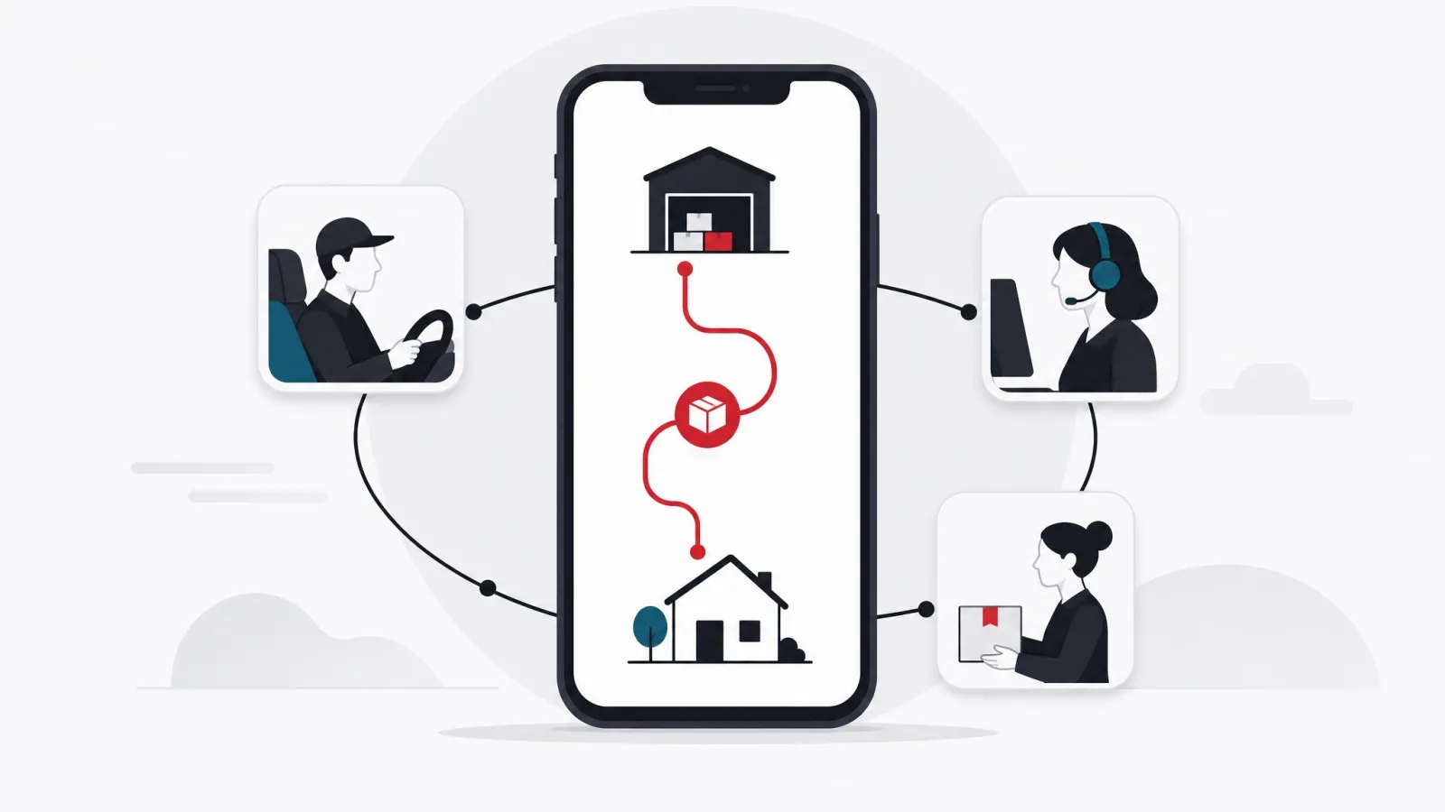 A central phone showing a warehouse-to-house route orbited by driver, dispatcher and customer screens