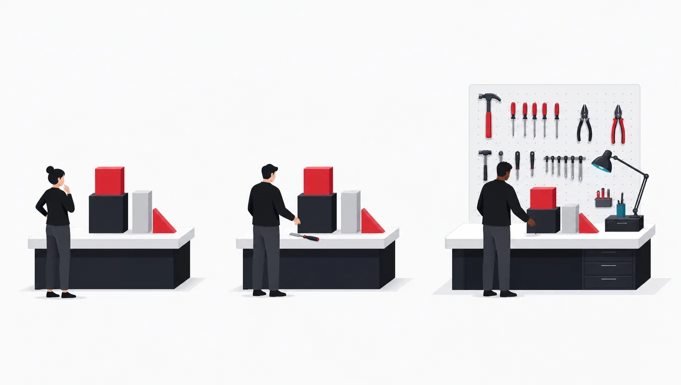 Three workstations from pure blocks to full toolwall, each aimed at a different worker