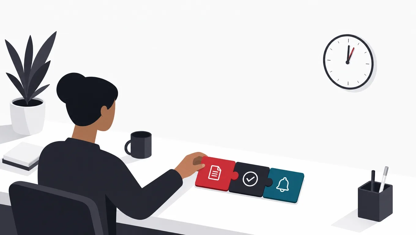 An office worker snapping together a small form-approval-notification workflow, a clock barely advanced