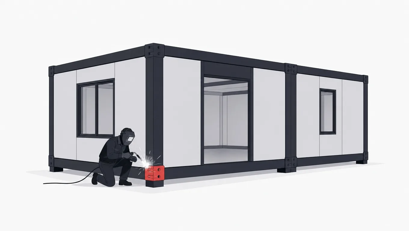 A mostly prefab structure with a developer welding one custom load-bearing red joint