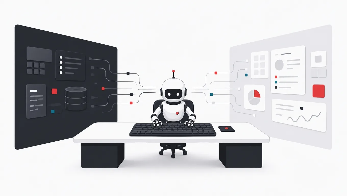 A small robot operating a human keyboard to bridge two systems that lack a direct cable