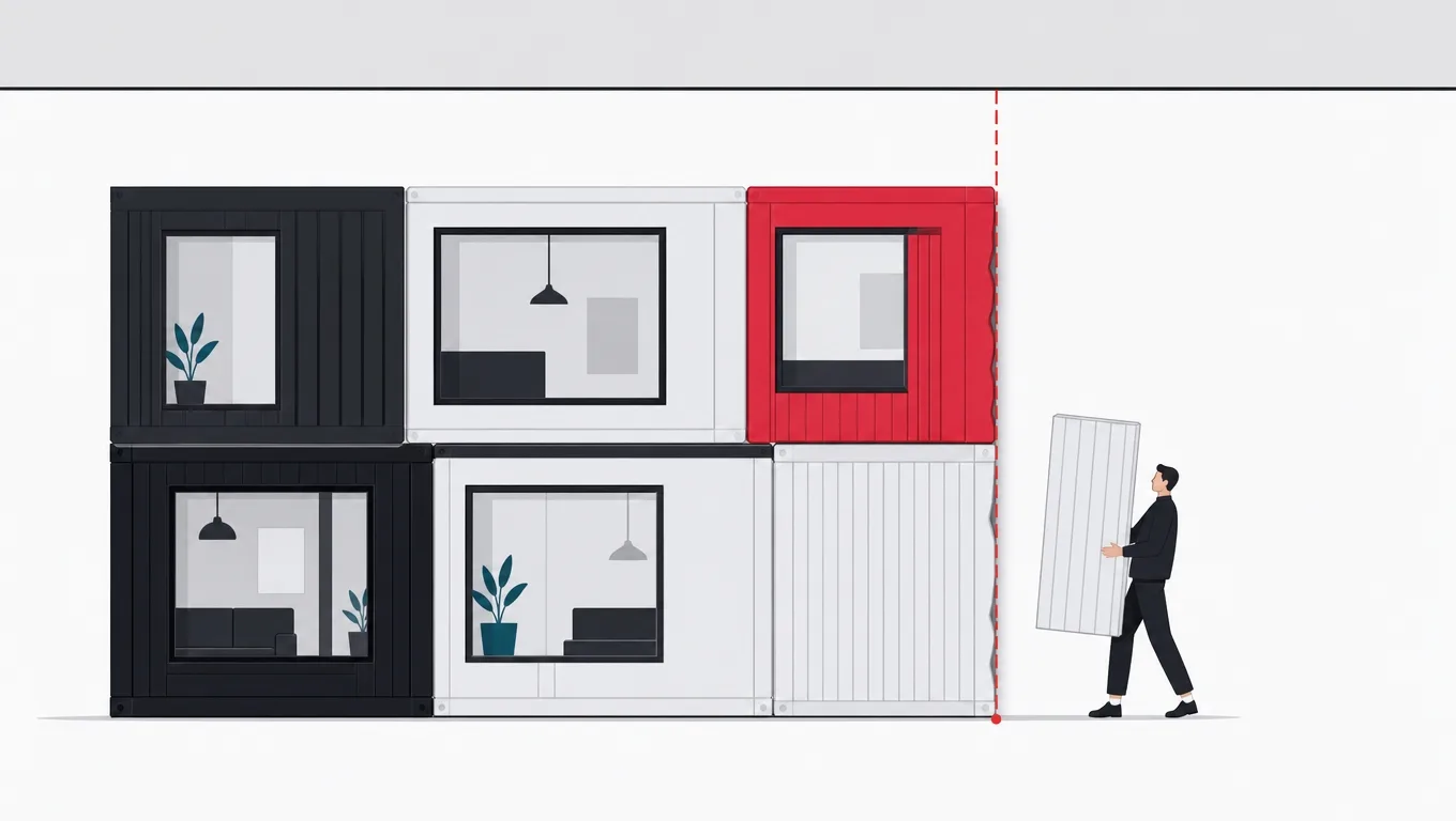 A prefab building grown flush against an invisible glass box, one panel left with nowhere to go