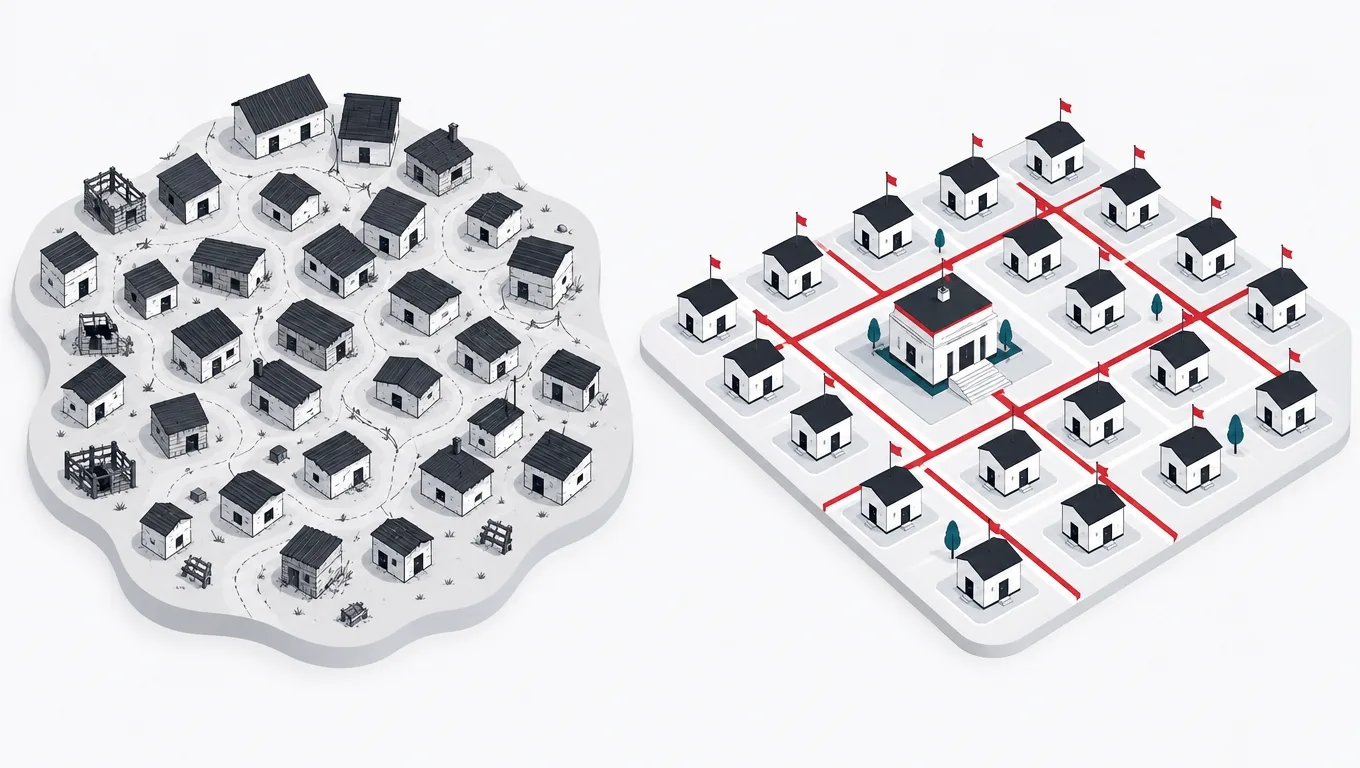 An unplanned sprawl of structures beside the same buildings arranged on a governed grid with a registry