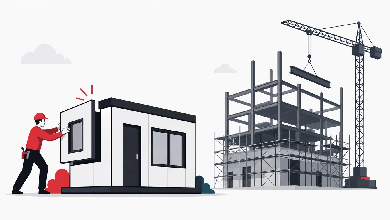 A figure assembling a prefab building quickly beside a taller steel-frame building rising slowly