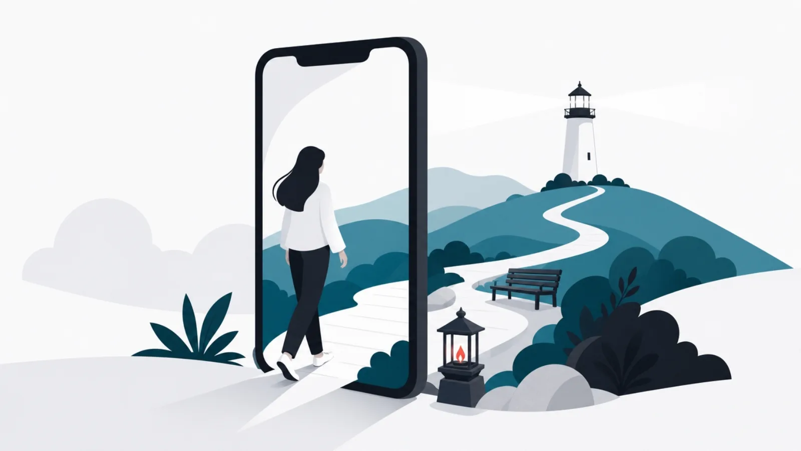 A figure stepping through a phone-shaped doorway onto a calm garden path watched by a distant lighthouse
