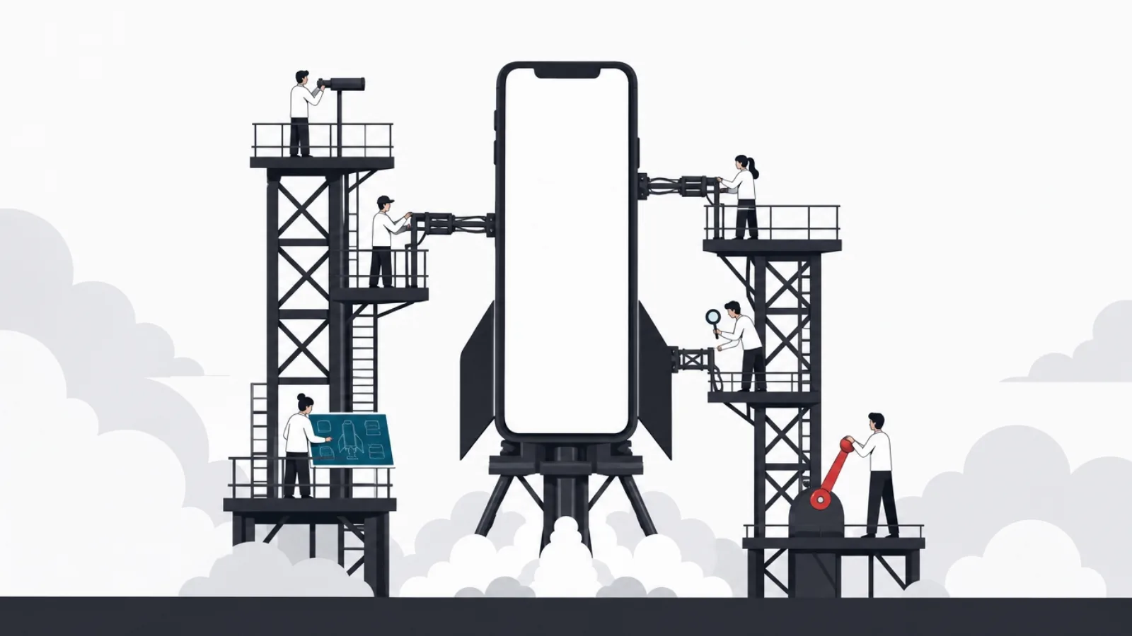 A crew at gantry stations around a phone-shaped rocket, with inspection, assembly and a countdown lever