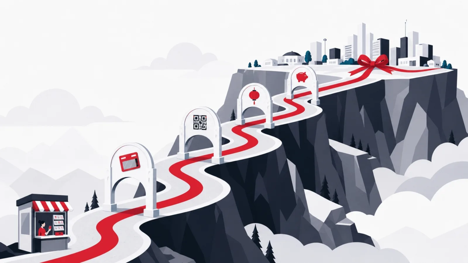 A winding road from a small kiosk to a plateau city, passing under milestone arches, traced by a red ribbon