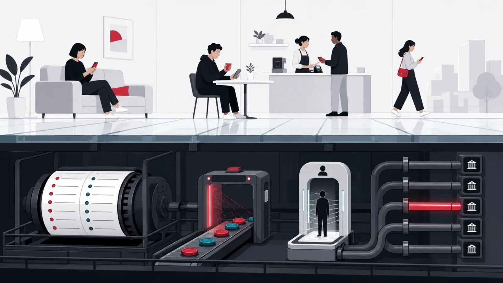 Everyday app scenes on a glass floor above an engine room of ledger drums, a fraud gate, an identity arch and bank connector pipes