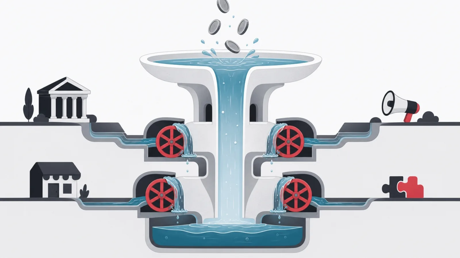 A fountain cross-section where the main payment basin flows free while red collection wheels draw from four side streams