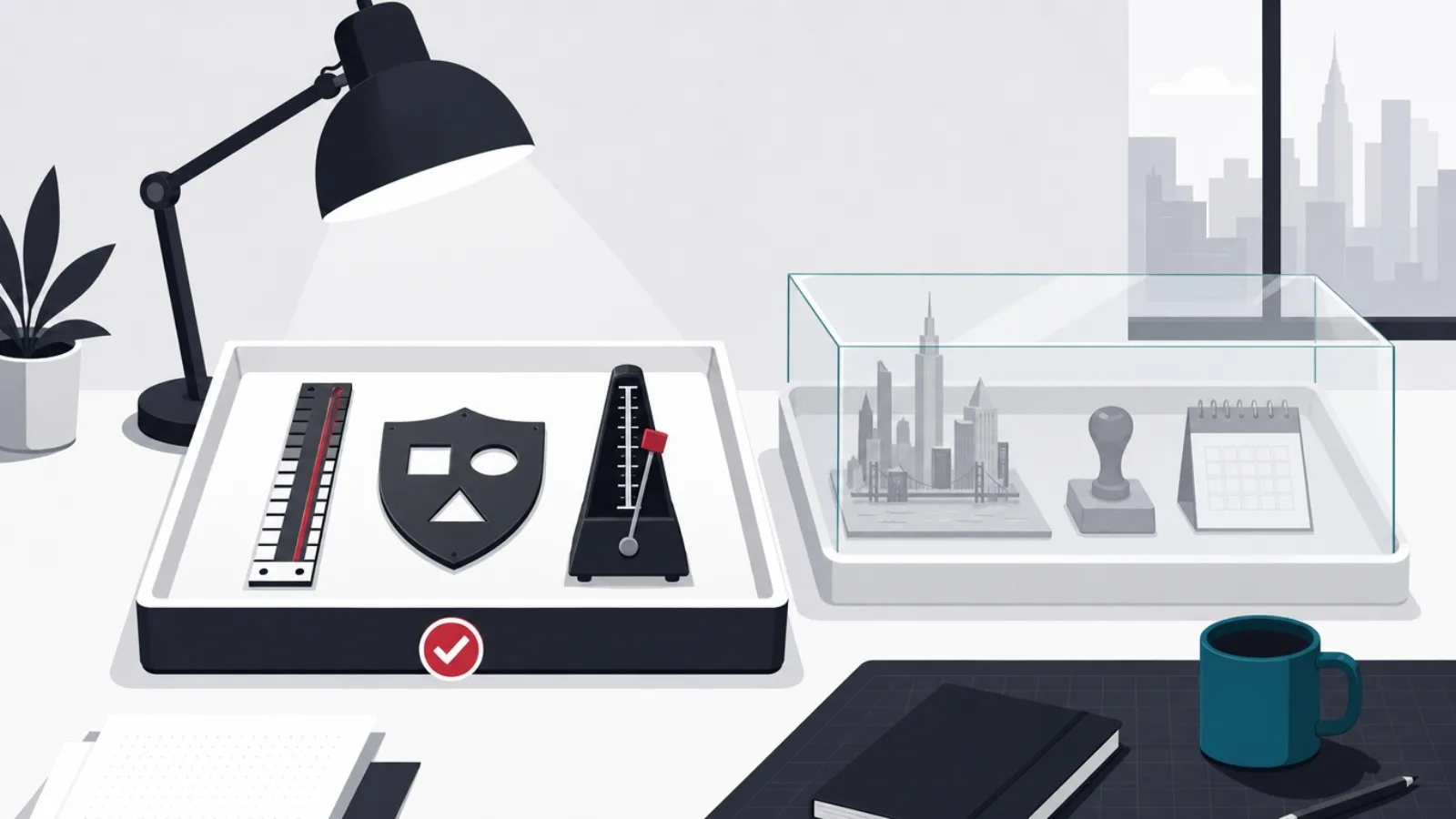 Two desk trays, one with transferable tools under a red check, one behind glass holding a city skyline, a stamp and a calendar