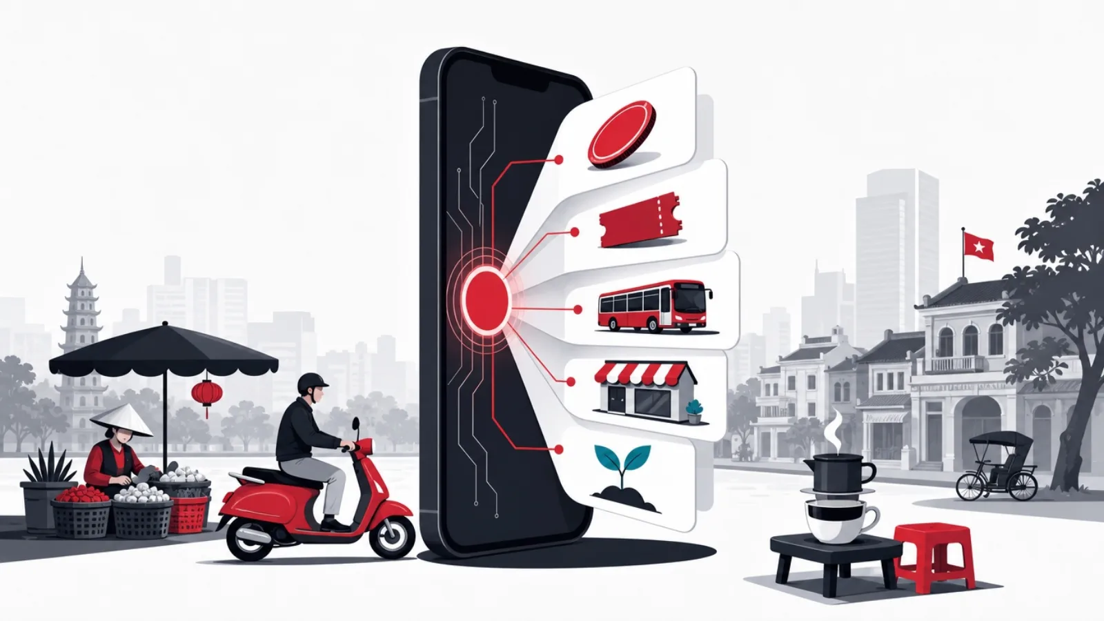 An upright device fanning out service layers from one red core, above a miniature street scene with a scooter and market stall
