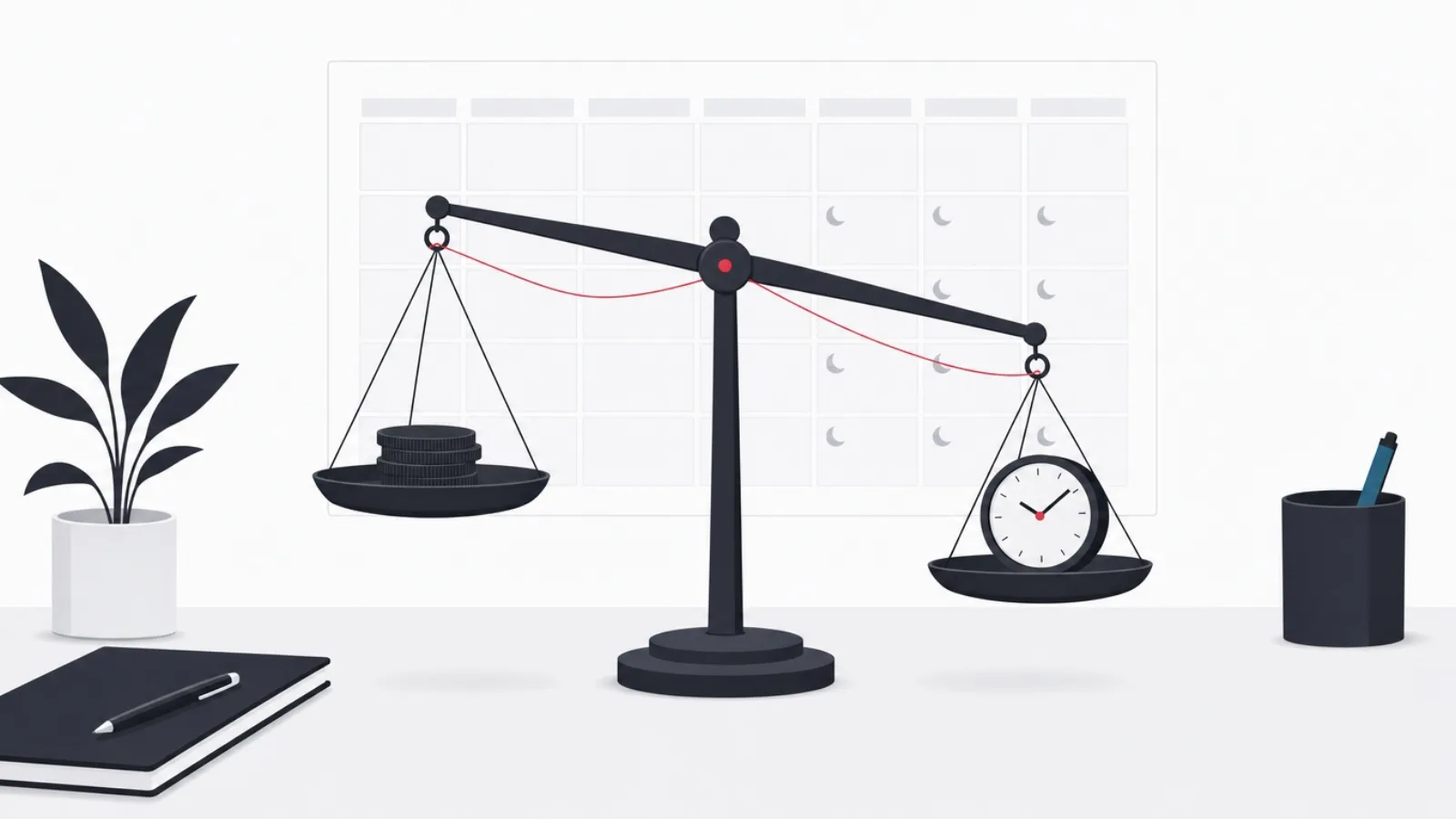 A balance scale weighing a coin stack against a clock face, connected by a red thread