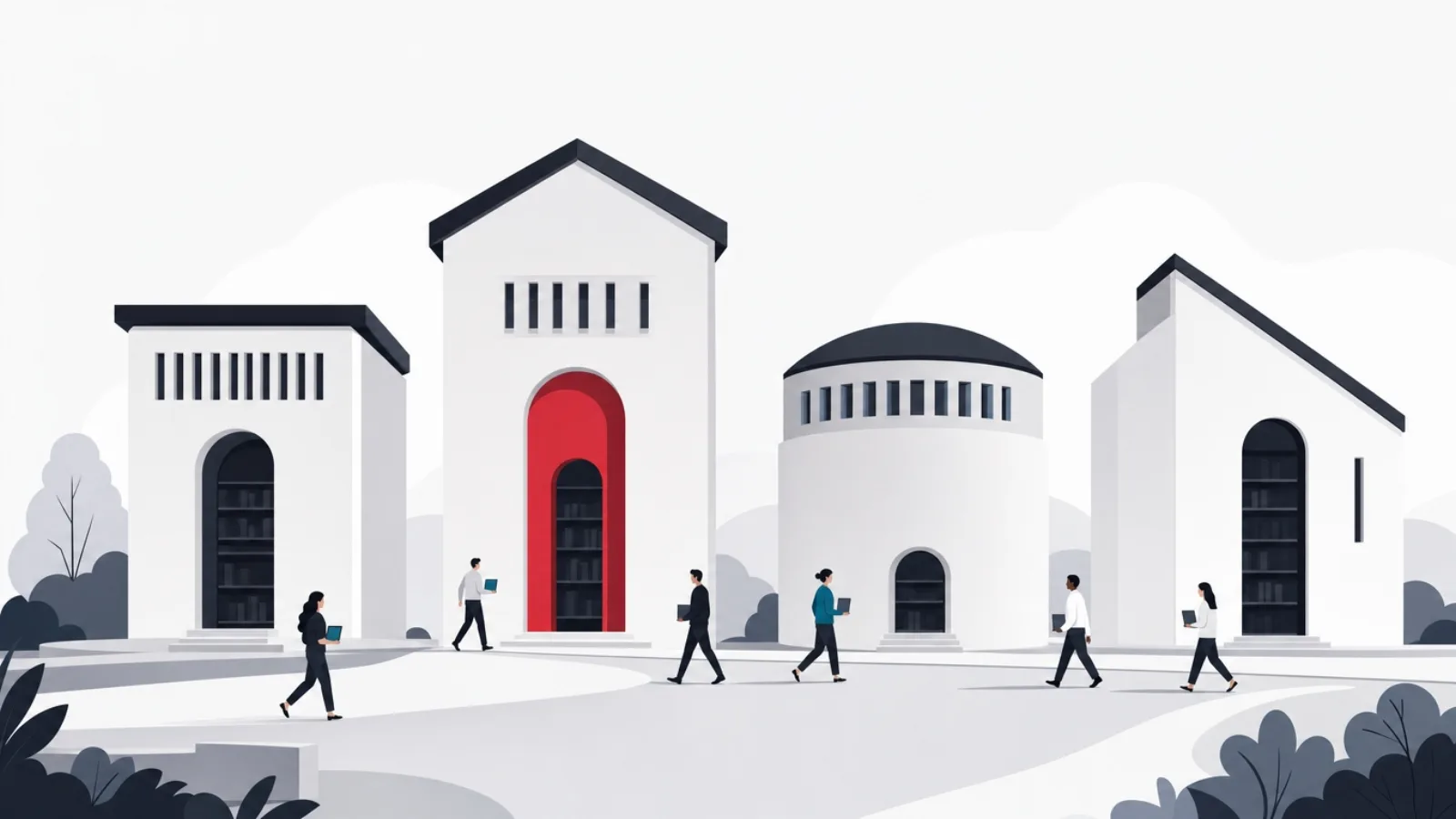 Four abstract library buildings of different shapes on a plaza with figures walking between them