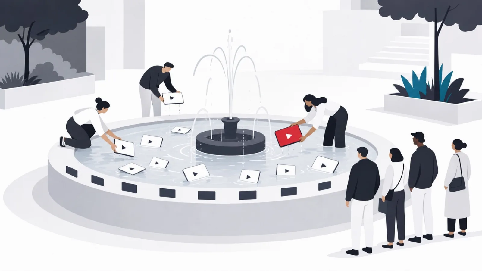 Figures freely collecting floating screens from a public fountain ringed by small slate rectangles