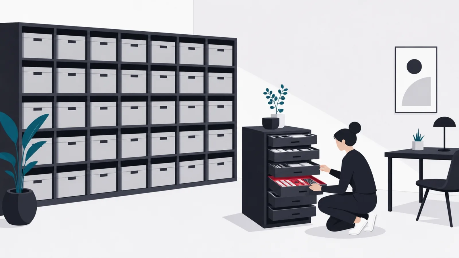 A figure kneeling at a small cabinet of precise drawers, ignoring a large shelf of identical boxes