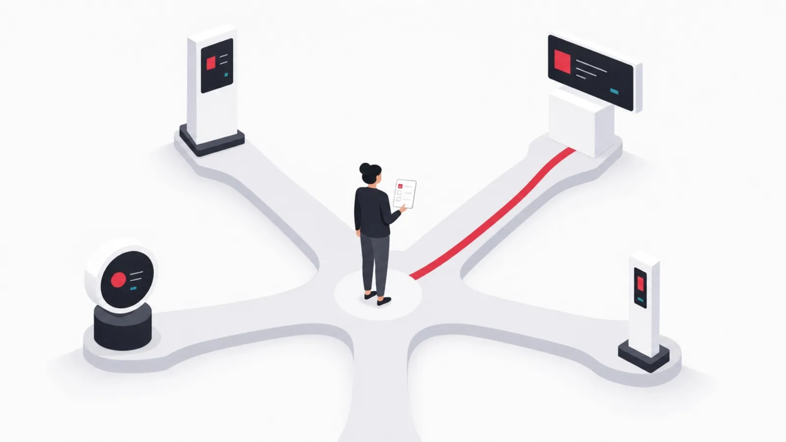 A figure at a four-way junction of walkways, each leading to a differently shaped screen pedestal, one path marked by a red thread