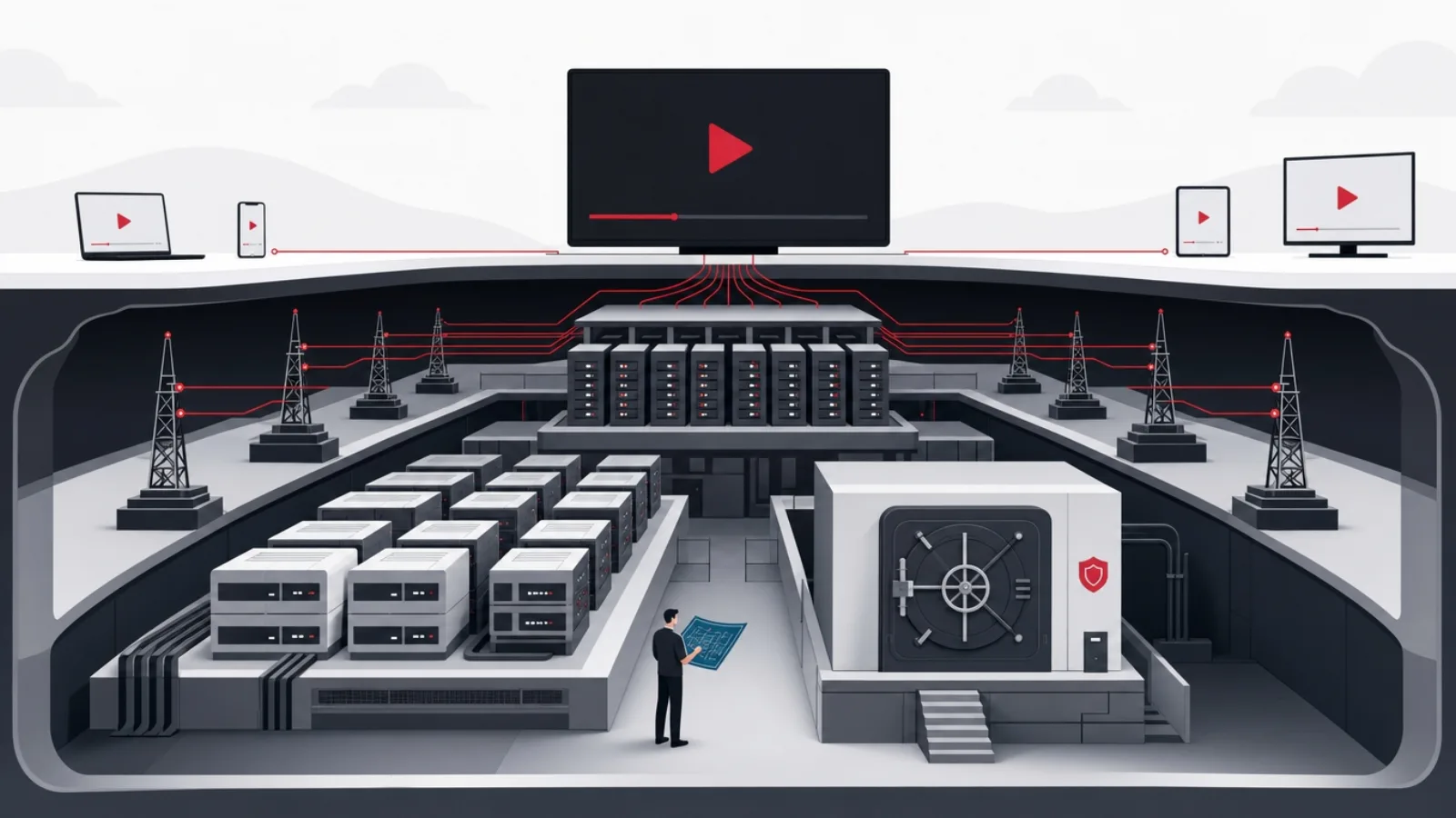 Cutaway showing a small media screen supported by a large underground engine room of encoding blocks, delivery towers and a rights vault